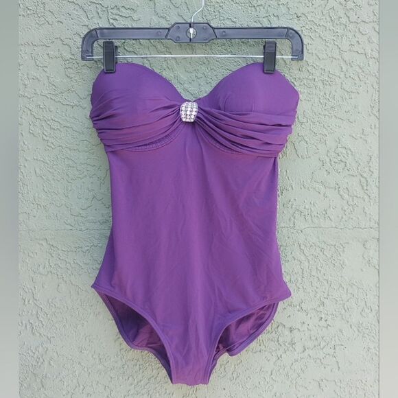 EUC AUTOGRAPH Purple Rhinestone Wire One Piece High Rise Bathing Suit 34DD - Picture 1 of 12